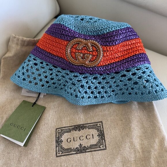 NWT GUCCI  Gg-Logo Striped Faux-Raffia Hat $750 SZ S Bucket Purple Blue Red - Picture 10 of 10